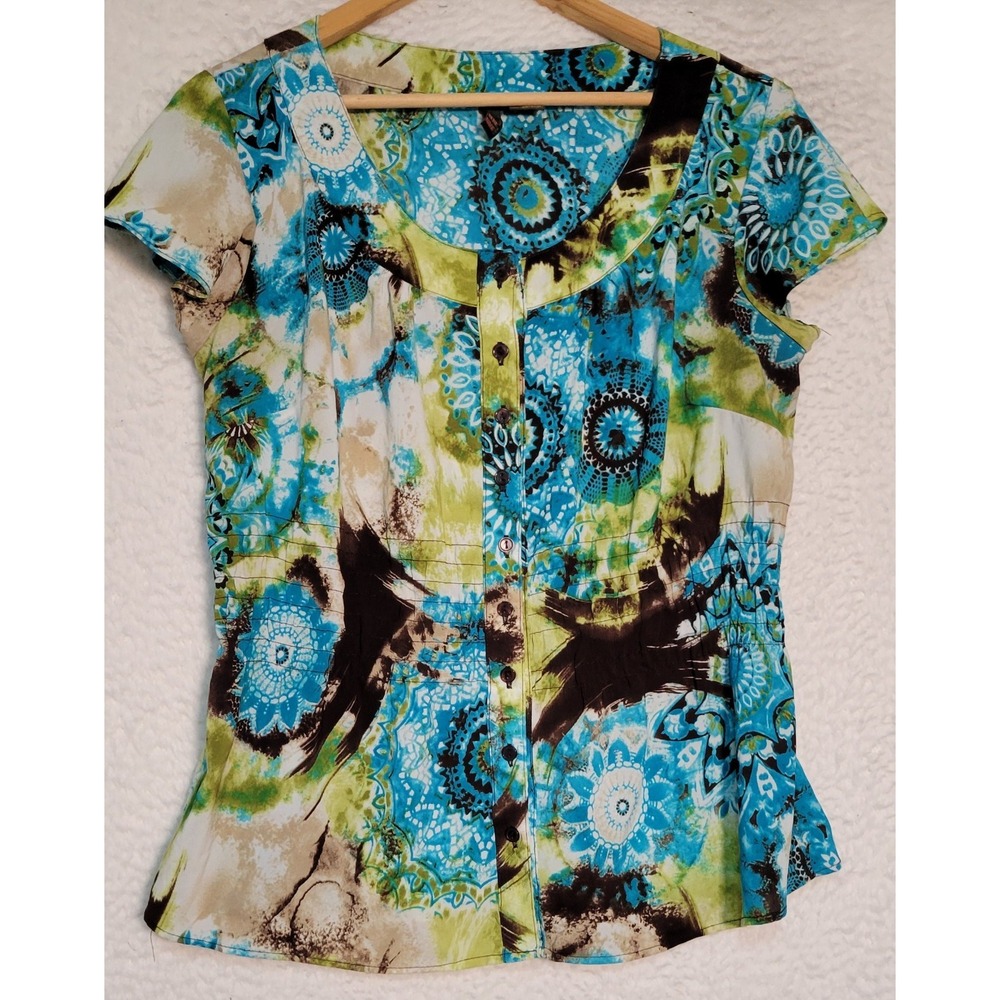 Serenade New York Blouse Size M Button Geometric Flutter Sleeve 1881